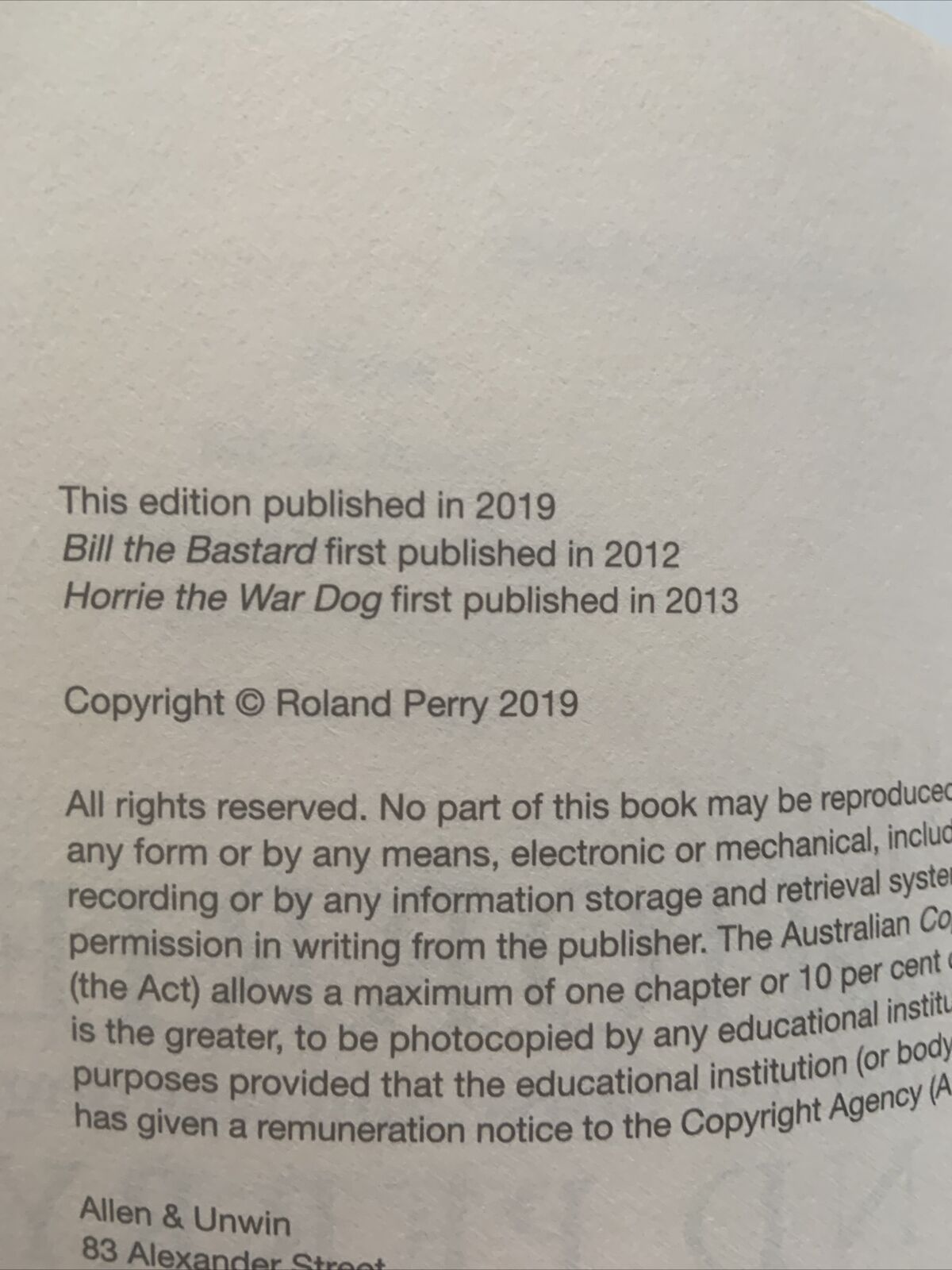 PB Book BILL and HORRIE Australias Greatest War Horse War Dog Roland Perry 2019