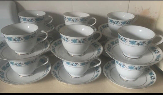 12 Sets x Nanjing Pagoda Tea Cup Saucer Made in China Blue Floral Gold  Coffee