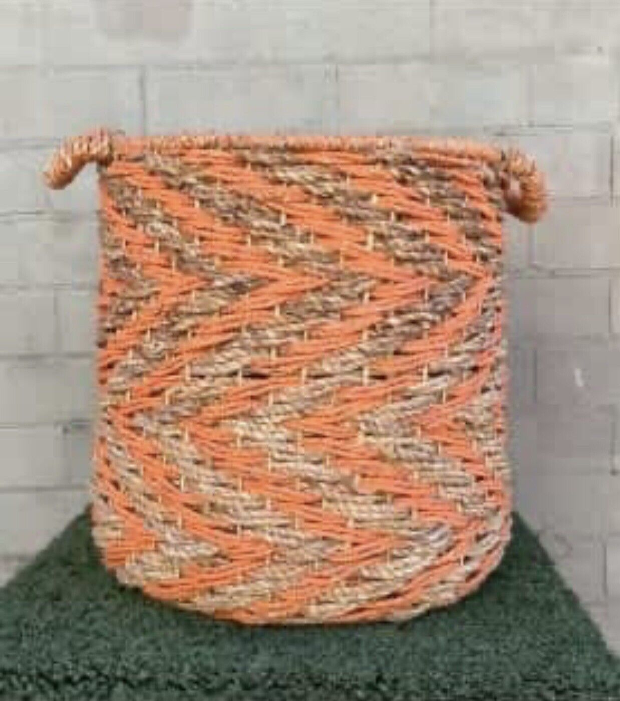 41cm HEAVY WOVEN Seagrass Plant Toy Basket Orange & Tan Stripes Handles Round