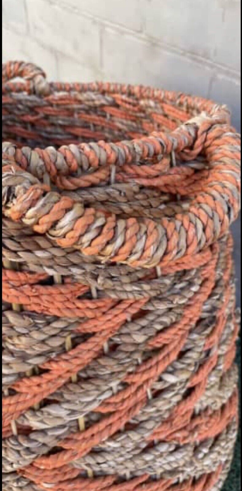 41cm HEAVY WOVEN Seagrass Plant Toy Basket Orange & Tan Stripes Handles Round