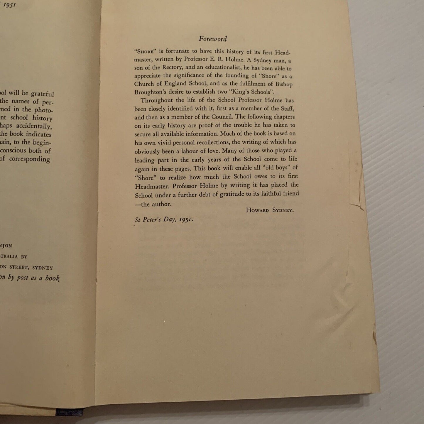 SHORE the Sydney Church of England Grammar School The Foundation by E R Holme HC