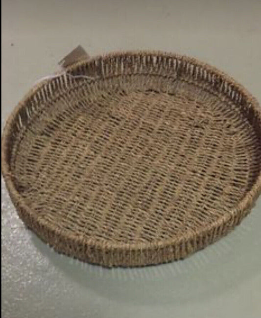 Handmade 1990’s 36cm x 5cm Woven Sisal Jute Round BASKET Tray Steel Frame