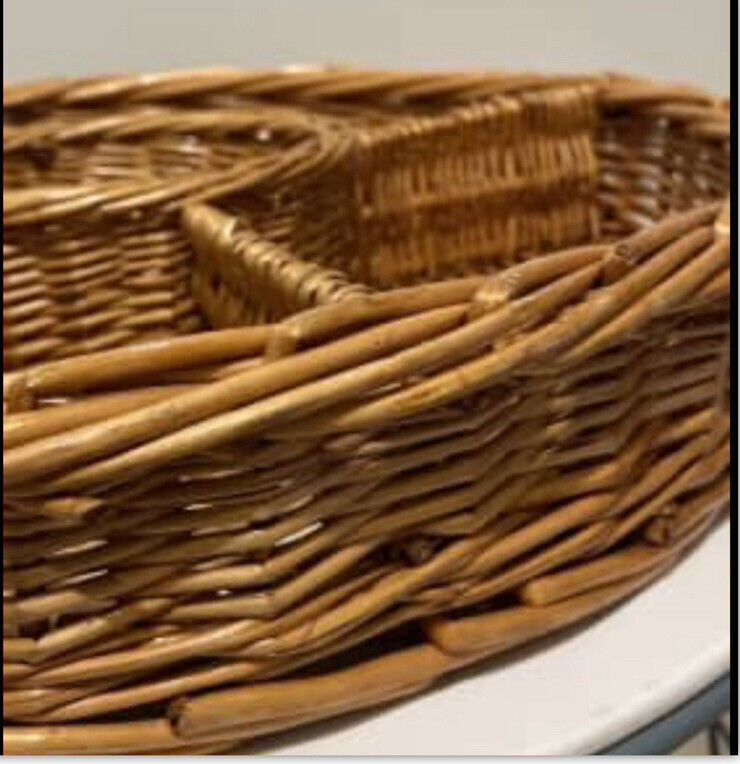 Vintage Wicker Basket Round 40cm Natural Brown Willow Cane Snack Tray Organiser