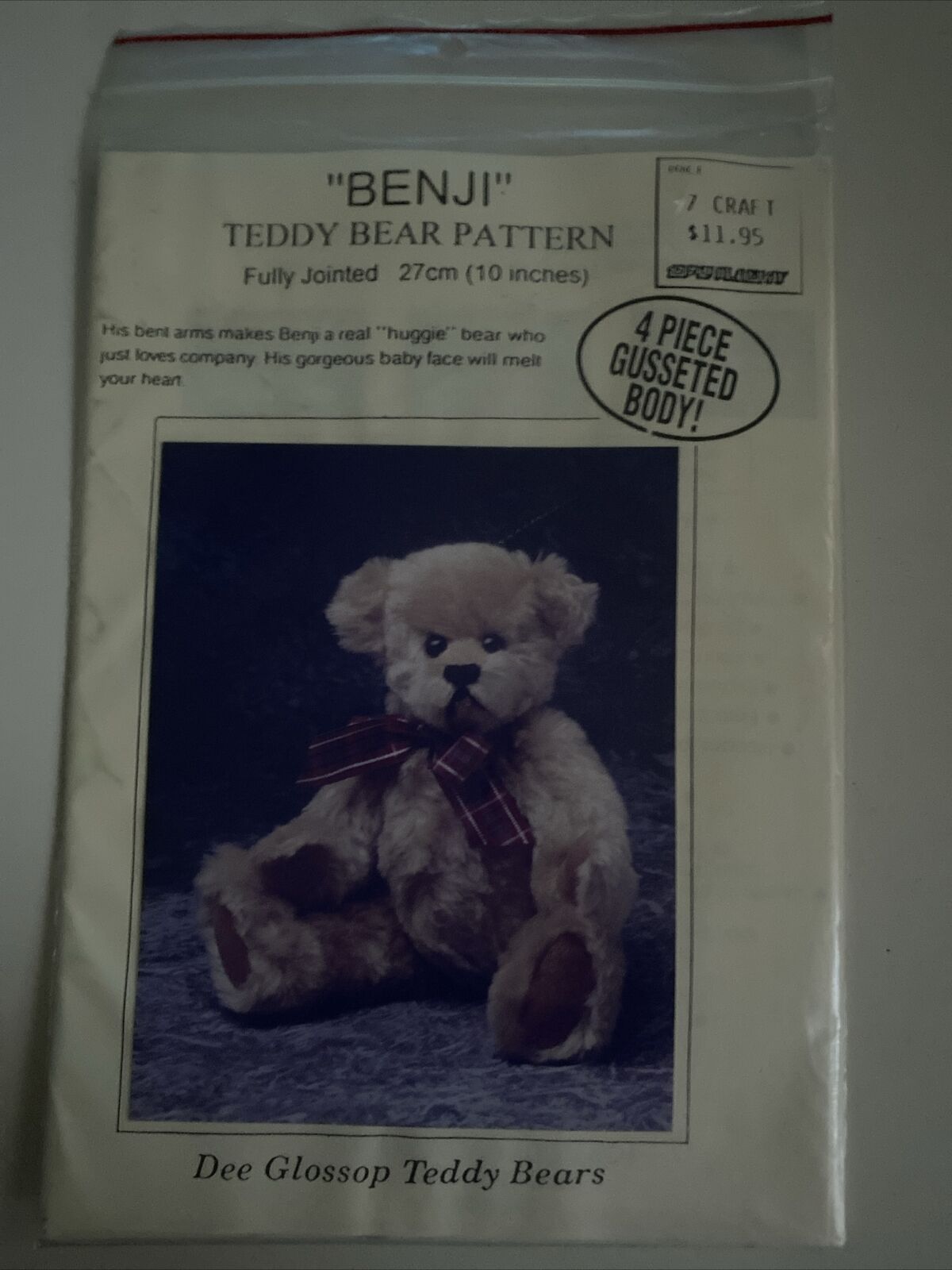 DEE GLOSSOP BEARS “BENJI” TEDDY BEAR Pattern 27 cm Fully Jointed 4 Pce Gusseted