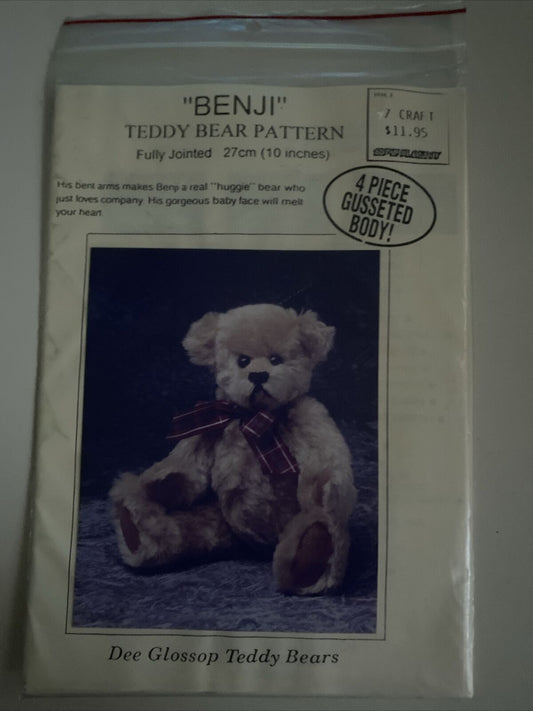 DEE GLOSSOP BEARS “BENJI” TEDDY BEAR Pattern 27 cm Fully Jointed 4 Pce Gusseted