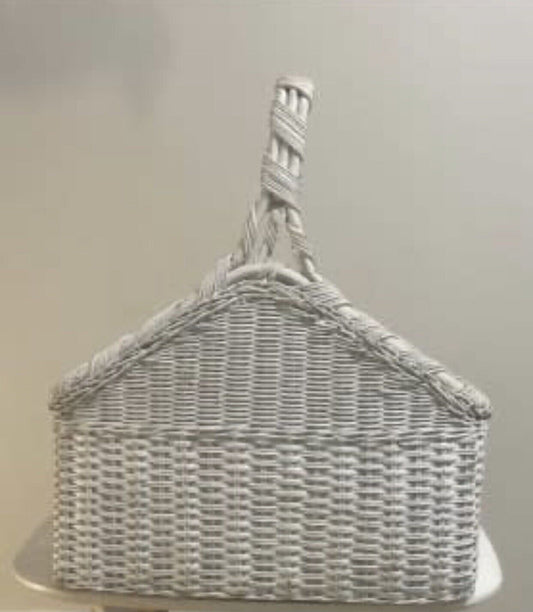 46.5cm Vintage Hand Woven Recrangular Wicker White Market Basket w Handle AE205