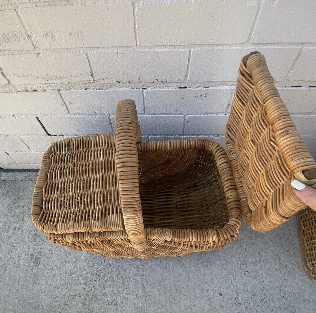 Vintage 52cm Bamboo Cane French Picnic Basket2 Hinged Lids  Display Storage E130