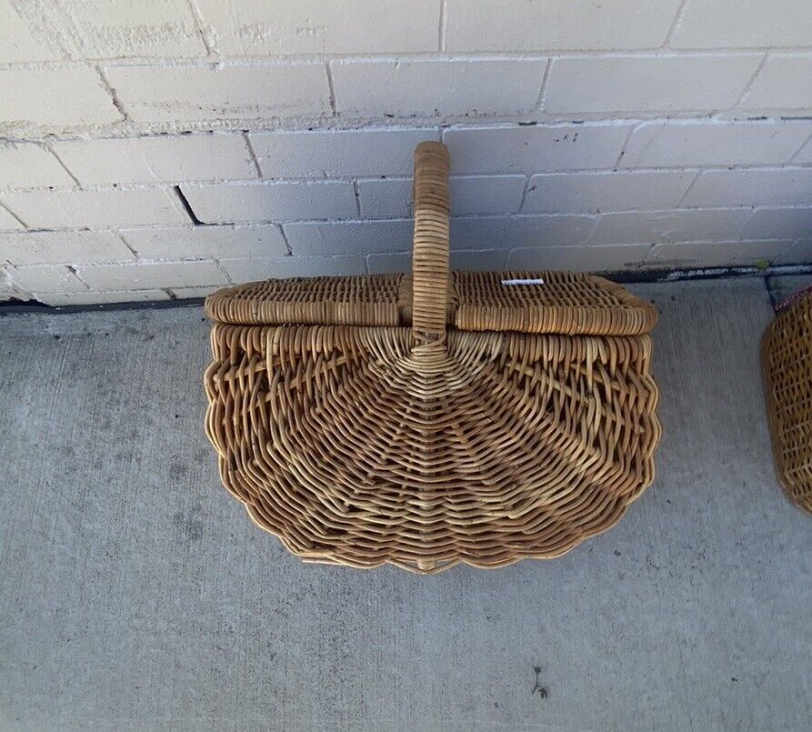 Vintage 52cm Bamboo Cane French Picnic Basket2 Hinged Lids  Display Storage E130