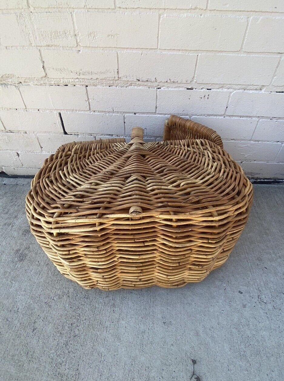 Vintage 52cm Bamboo Cane French Picnic Basket2 Hinged Lids  Display Storage E130