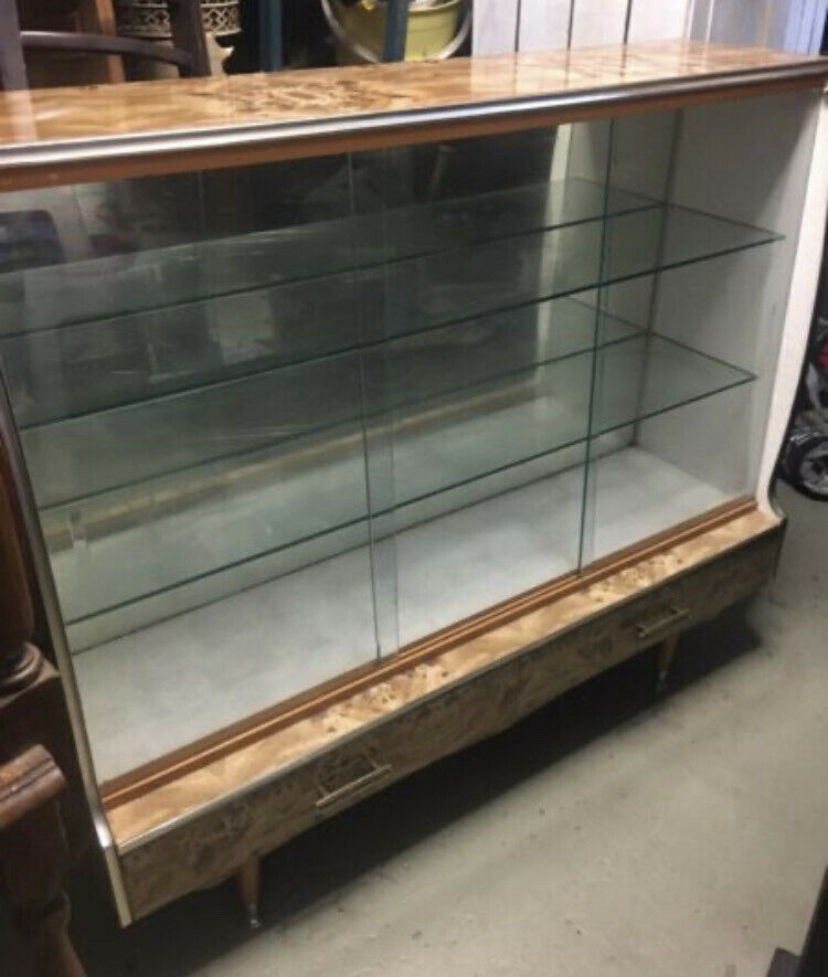 1950's 1960's Display Cabinet Buffet Wood Veneer Glass Doors Shelves w 2 Drawers