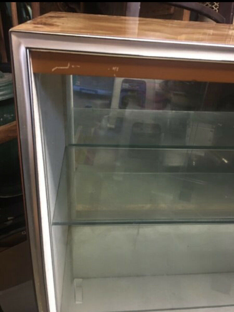 1950's 1960's Display Cabinet Buffet Wood Veneer Glass Doors Shelves w 2 Drawers
