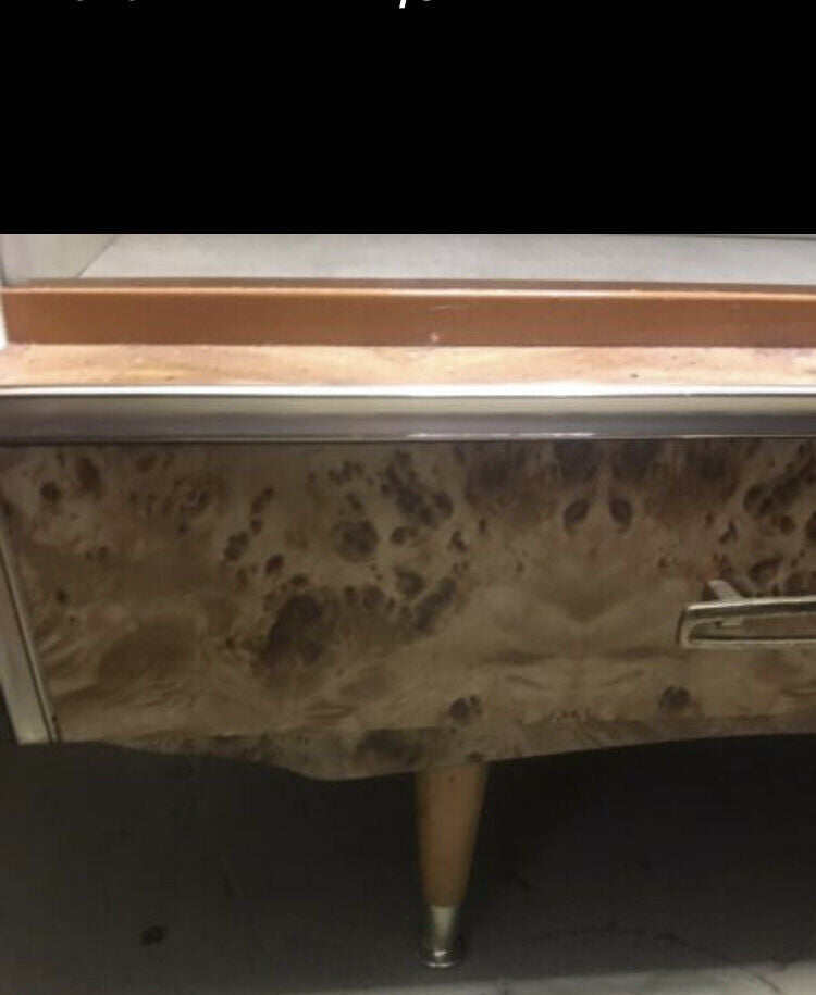 1950's 1960's Display Cabinet Buffet Wood Veneer Glass Doors Shelves w 2 Drawers