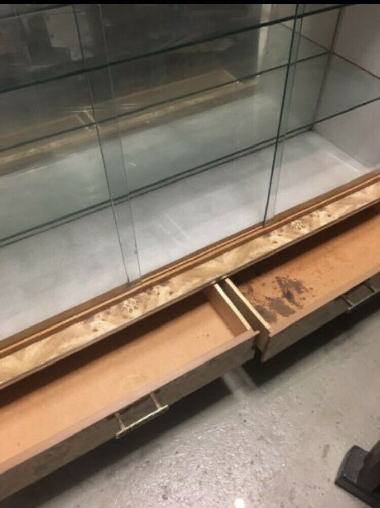 1950's 1960's Display Cabinet Buffet Wood Veneer Glass Doors Shelves w 2 Drawers
