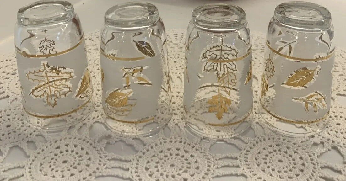 4x MCM 9cm Tumblers Water Wine Glasses  Clear Gold Leaf Pattern White Etching