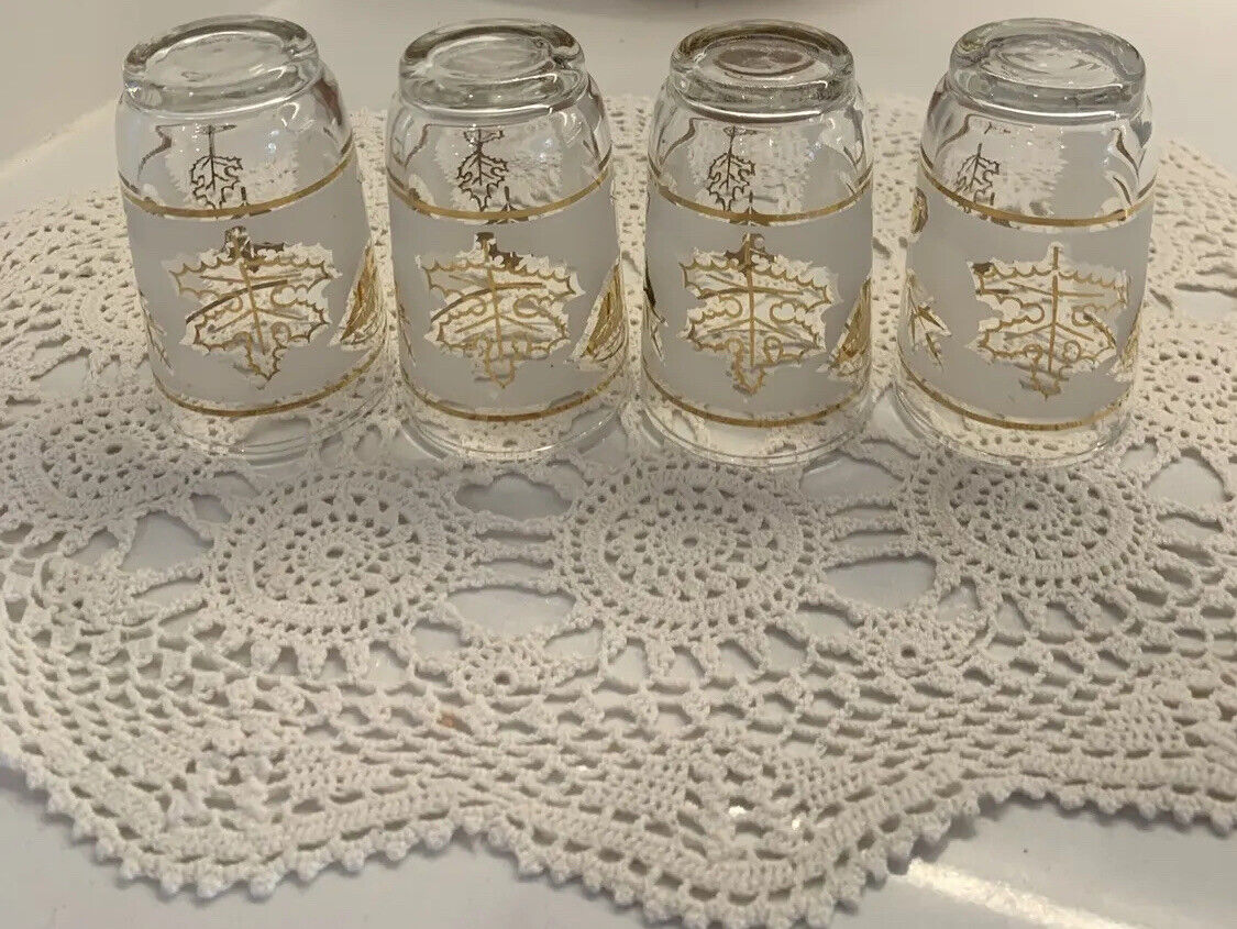 4x MCM 9cm Tumblers Water Wine Glasses  Clear Gold Leaf Pattern White Etching