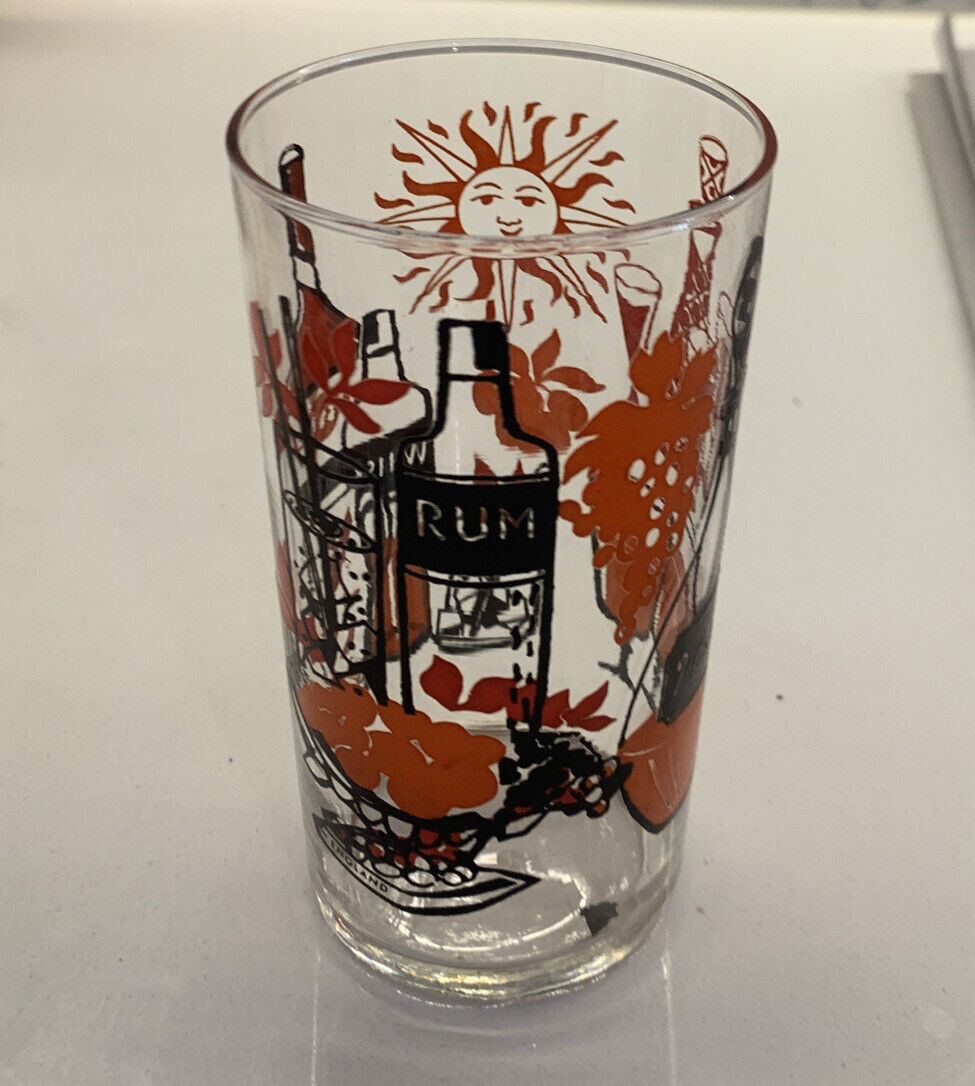 8 X Glasses MCM 12cm Tumblers Rum Whiskey Wine Clear Raised Orange Black Print