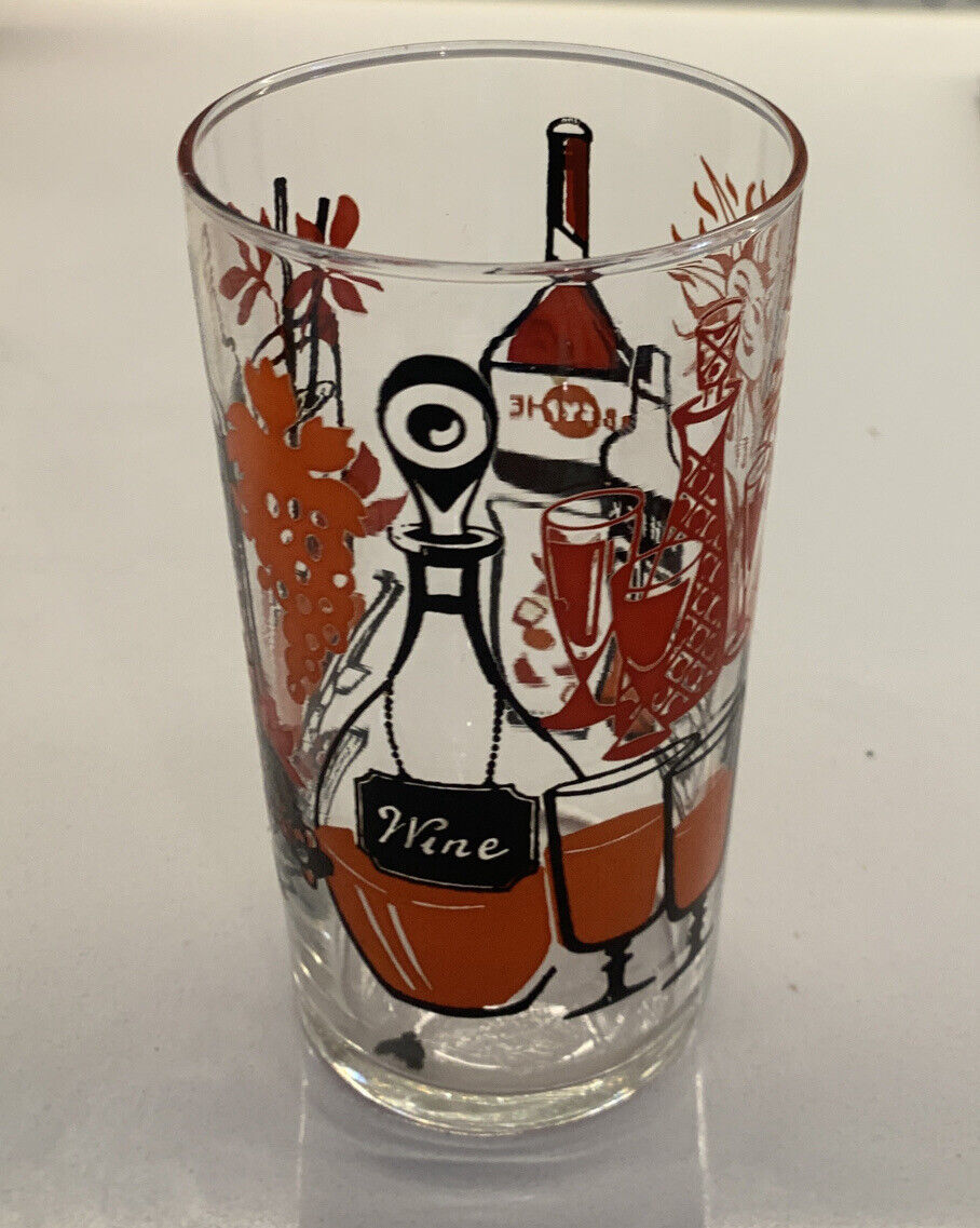 8 X Glasses MCM 12cm Tumblers Rum Whiskey Wine Clear Raised Orange Black Print