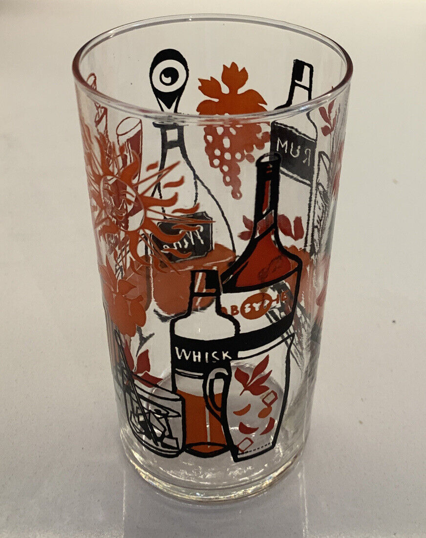 8 X Glasses MCM 12cm Tumblers Rum Whiskey Wine Clear Raised Orange Black Print