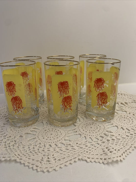 6 X Wine Juice Glasses MCM 11.5cm Tumblers Clear Raised Yellow Red Coral Print