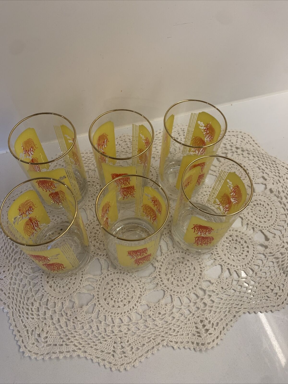 6 X Wine Juice Glasses MCM 11.5cm Tumblers Clear Raised Yellow Red Coral Print