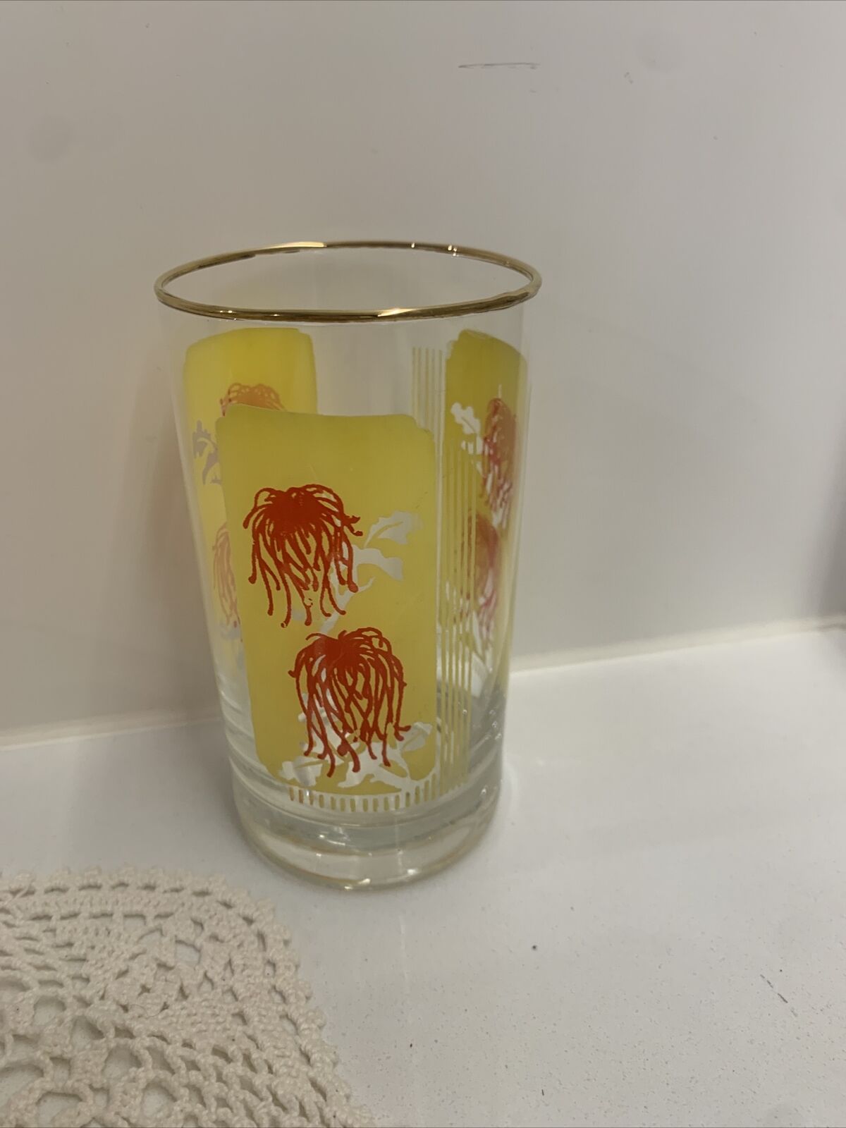 6 X Wine Juice Glasses MCM 11.5cm Tumblers Clear Raised Yellow Red Coral Print