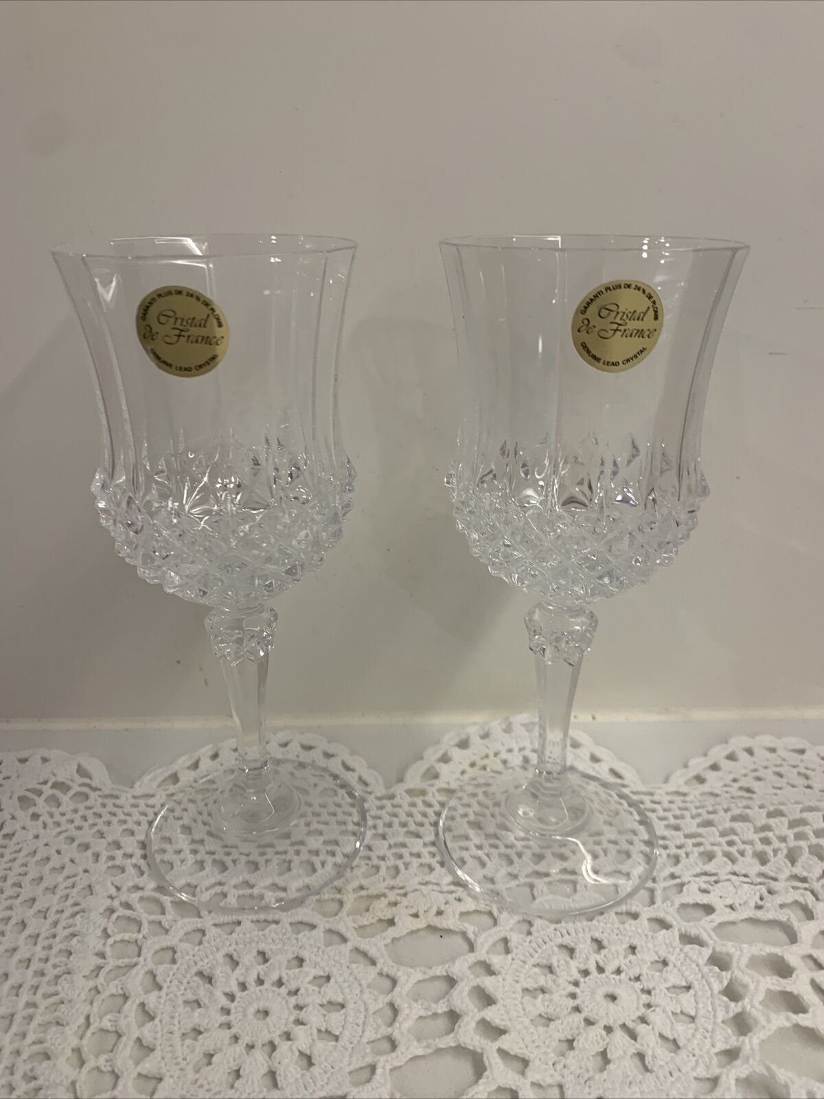 2 x Cristal d’Arques Longchamp Crystal Wine Glasses 17cm High 150ml Pair NEW