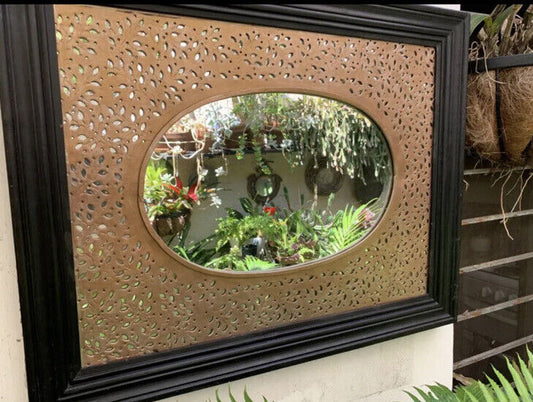 72x57cm Black Wooden Mirror Framed Gold Laser cut Metal Scandinavian DE2