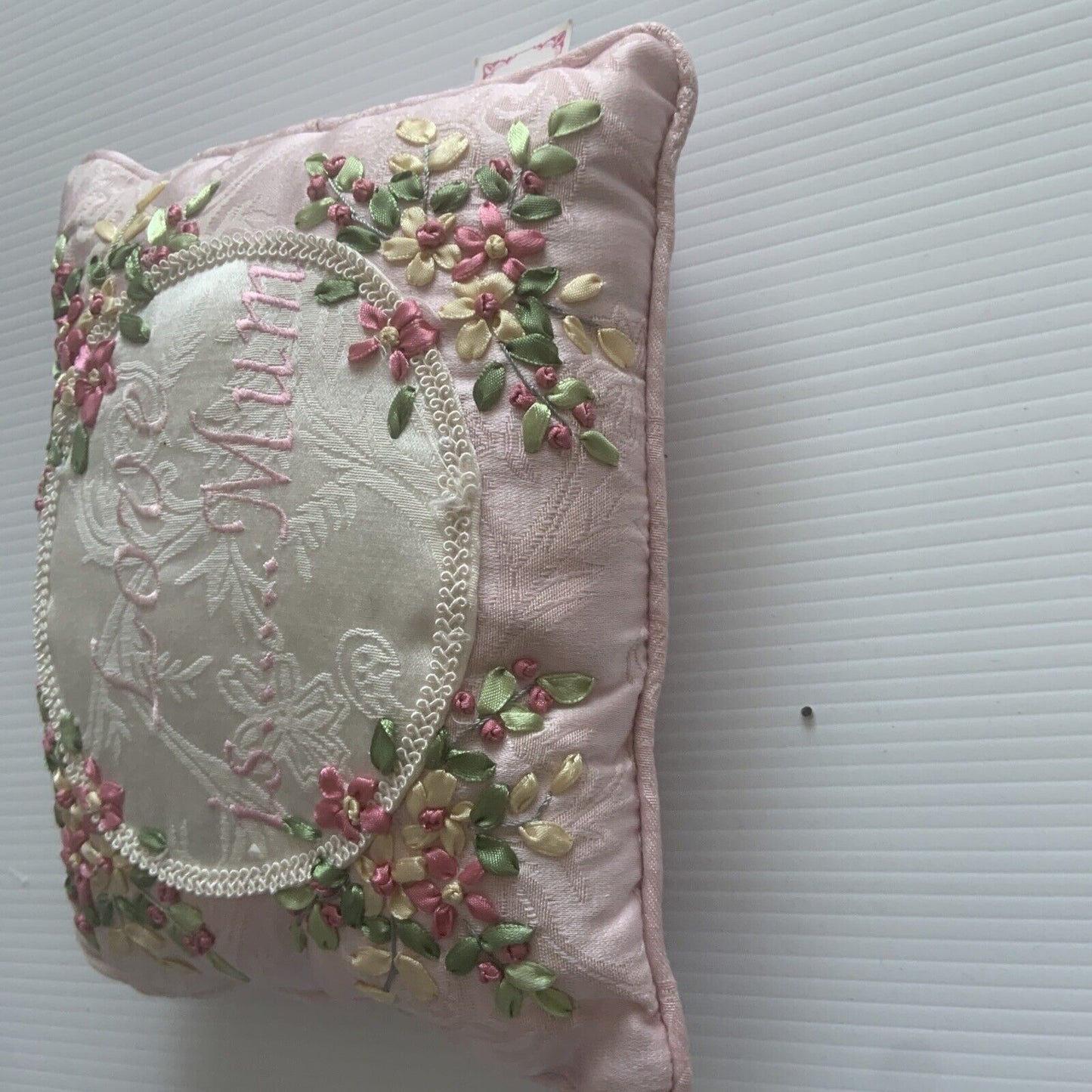 Cushion Pink " Love Is ….. Mum " Embroidered Ribbon Decorative Pillow Gift NEW