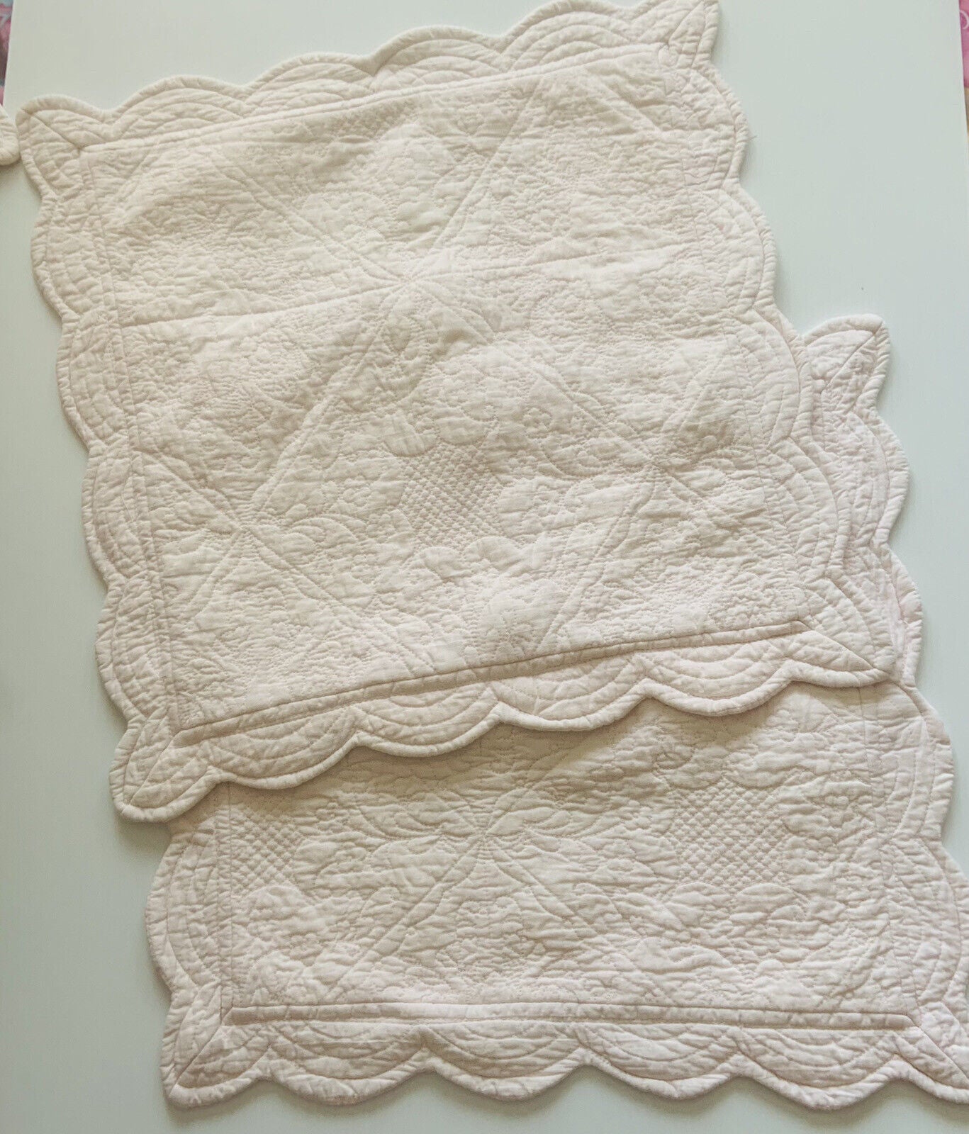 2 GEORGES Cotton Quilted Baby Pink 40cm Sq  Victorian Edging NEW