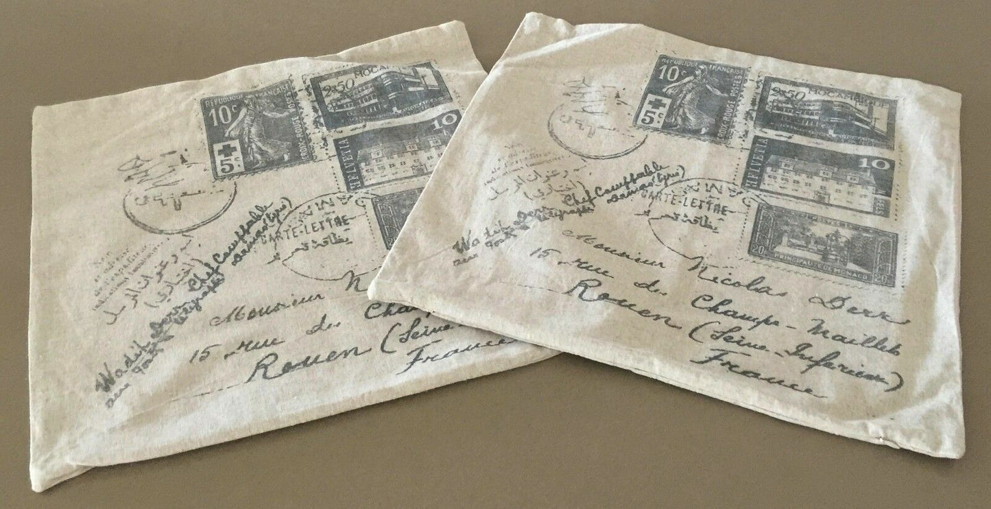 CUSHION COVERS Beige & Light Grey Postage Stamp Print Set of 2 - 48cm x 48cm NEW