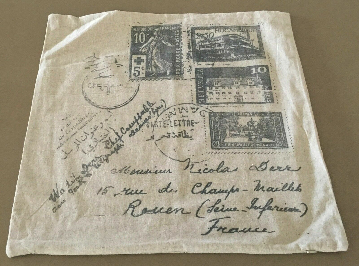 CUSHION COVERS Beige & Light Grey Postage Stamp Print Set of 2 - 48cm x 48cm NEW
