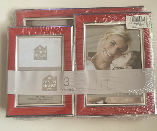 Design House Decor 3 Picture Frames Red & Silver 10x15 13x18 20x25cm Sealed NEW