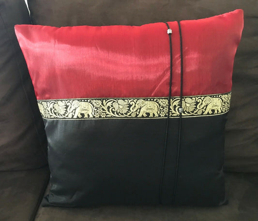 New CUSHION COVER Elephant Print Satin Square  Black Red Gold Dragon Good Luck