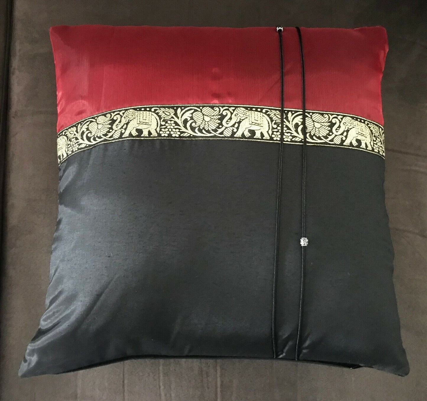 New CUSHION COVER Elephant Print Satin Square  Black Red Gold Dragon Good Luck