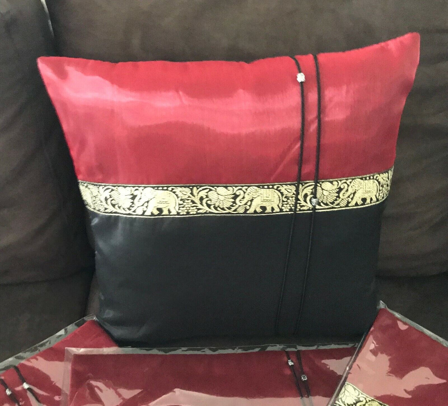 New CUSHION COVER Elephant Print Satin Square  Black Red Gold Dragon Good Luck