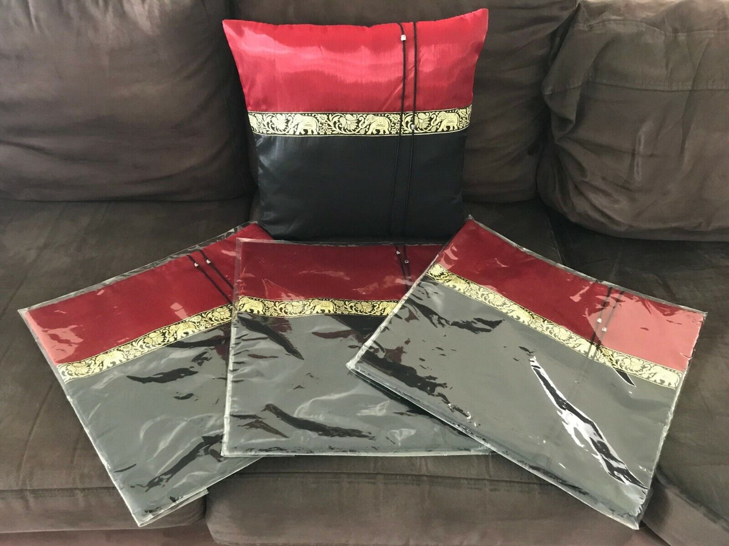 New CUSHION COVER Elephant Print Satin Square  Black Red Gold Dragon Good Luck
