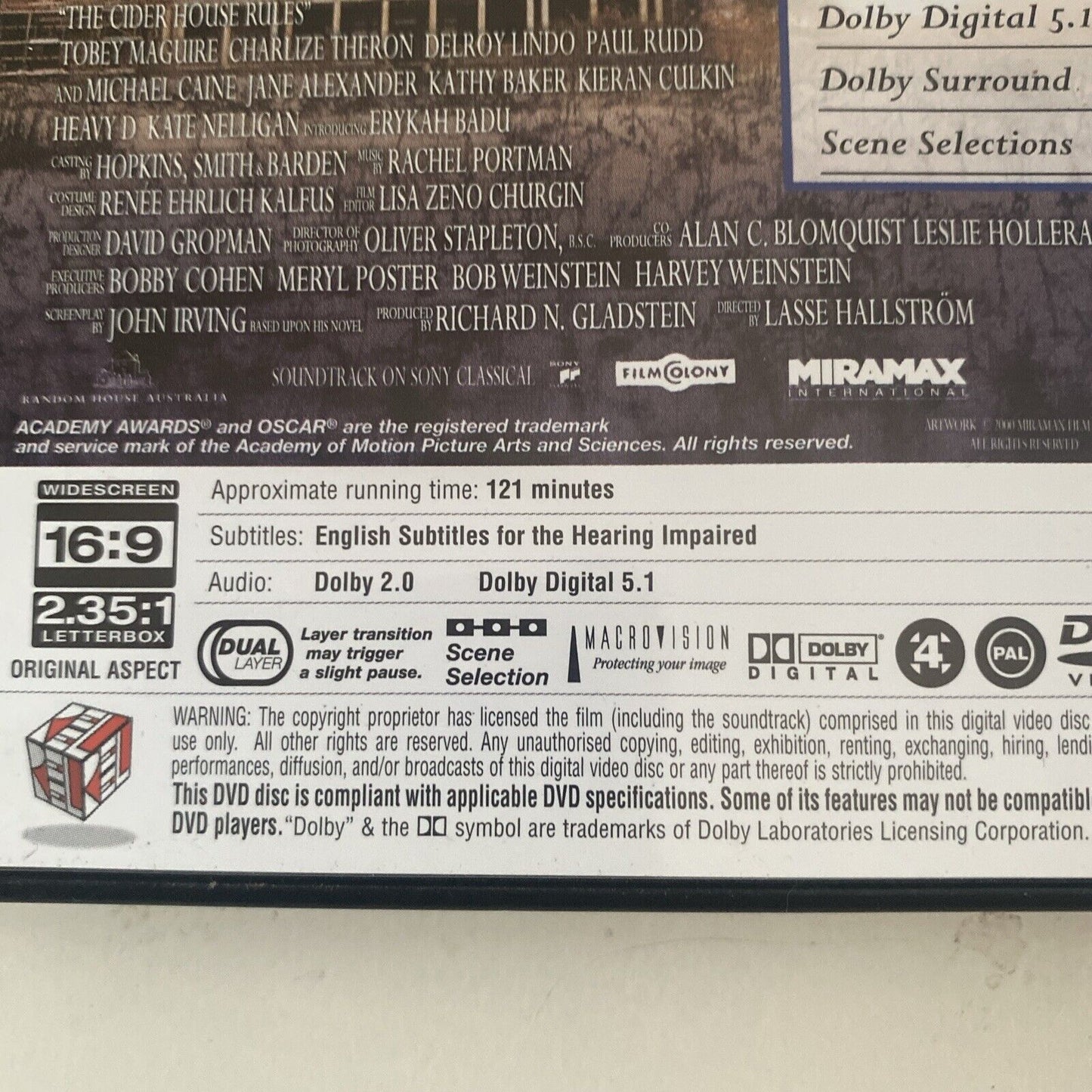 DVD THE CIDER HOUSE RULES Movie 1999 Tobey Maguire Charlize Theron Drama R4