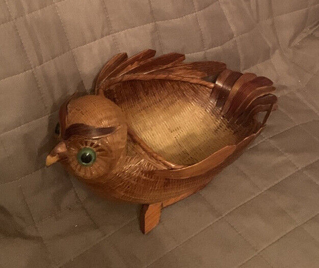 Vintage 27cm Owl Basket Woven Handmade Oriental Style Bowl Holder Green Bead Eye
