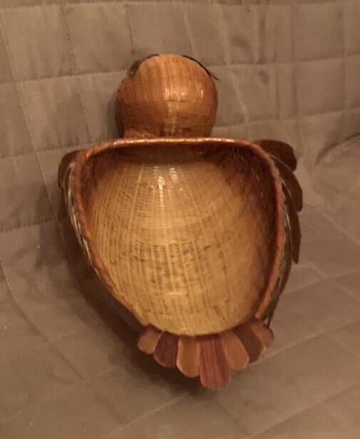 Vintage 27cm Owl Basket Woven Handmade Oriental Style Bowl Holder Green Bead Eye