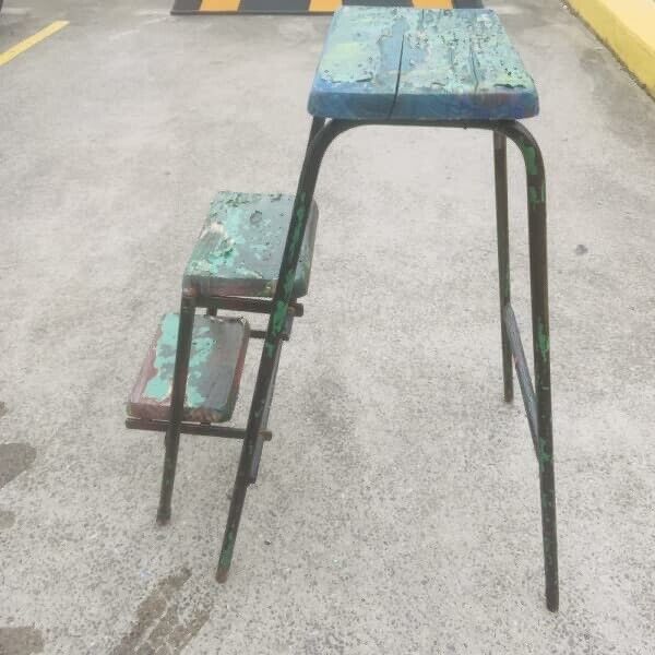Folding Step Stool Rustic Vintage 1950’s Plant Pot Stand Solid Distressed Patina