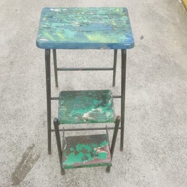 Folding Step Stool Rustic Vintage 1950’s Plant Pot Stand Solid Distressed Patina