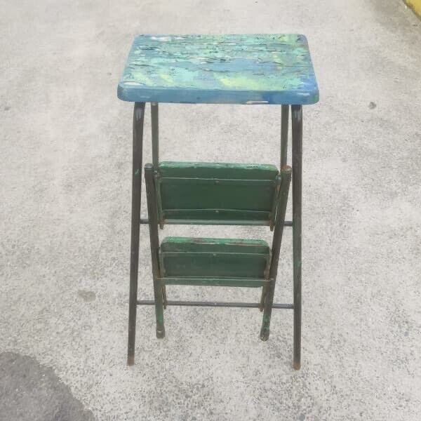 Folding Step Stool Rustic Vintage 1950’s Plant Pot Stand Solid Distressed Patina