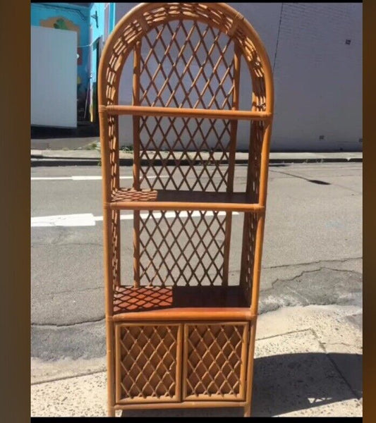 Vintage Cane HUTCH Glass Bookshelves Bamboo Rattan  Cupboards Arch Room Divider