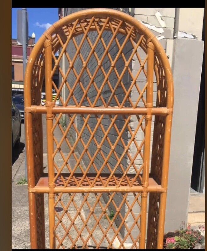 Vintage Cane HUTCH Glass Bookshelves Bamboo Rattan  Cupboards Arch Room Divider