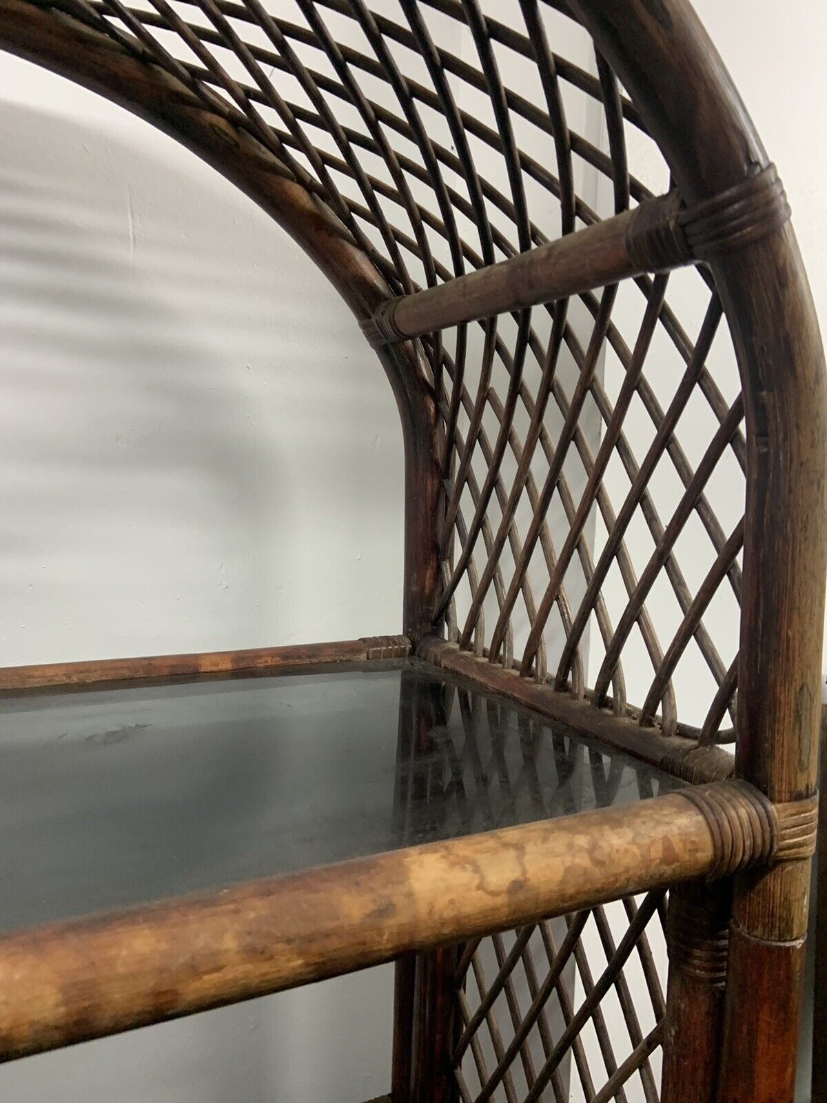 Vintage Cane HUTCH Glass Bookshelves Bamboo Rattan  Cupboards Arch Room Divider