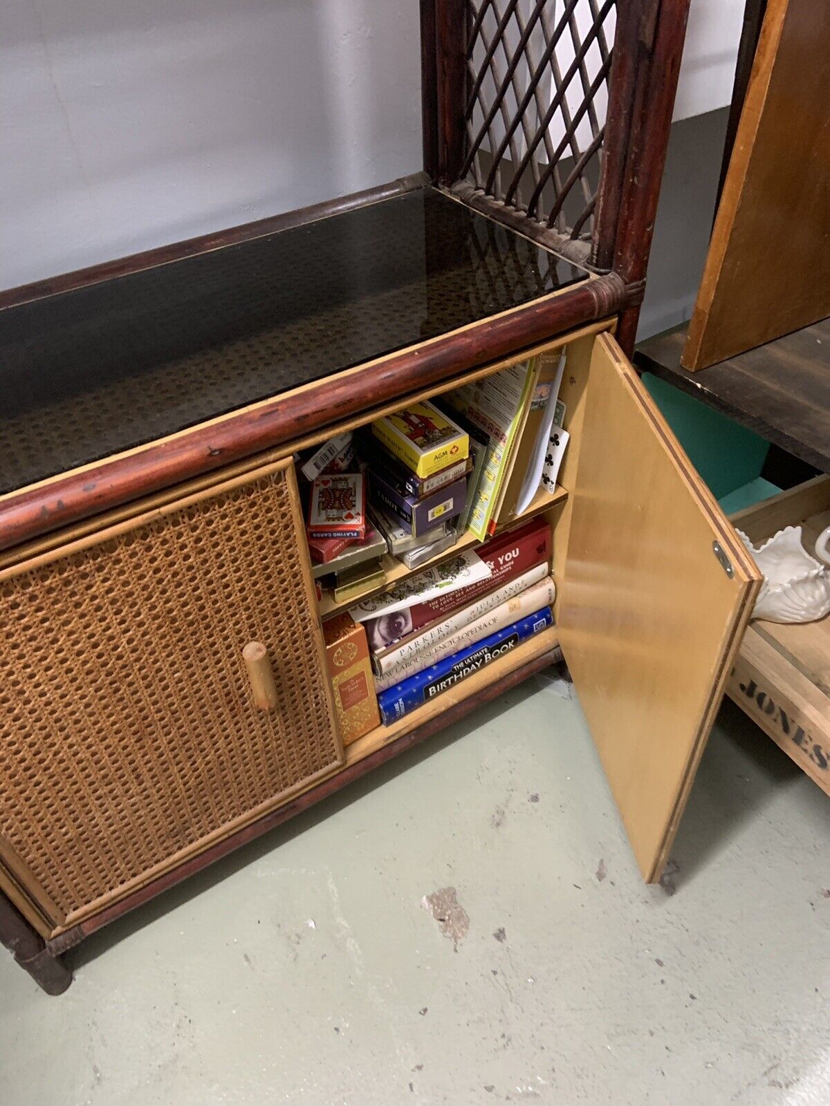 Vintage Cane HUTCH Glass Bookshelves Bamboo Rattan  Cupboards Arch Room Divider