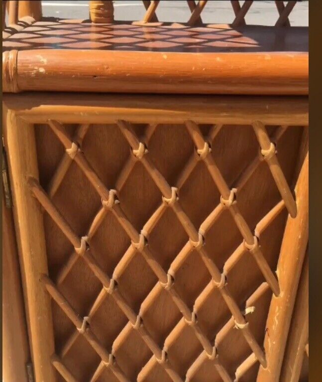 Vintage Cane HUTCH Glass Bookshelves Bamboo Rattan  Cupboards Arch Room Divider