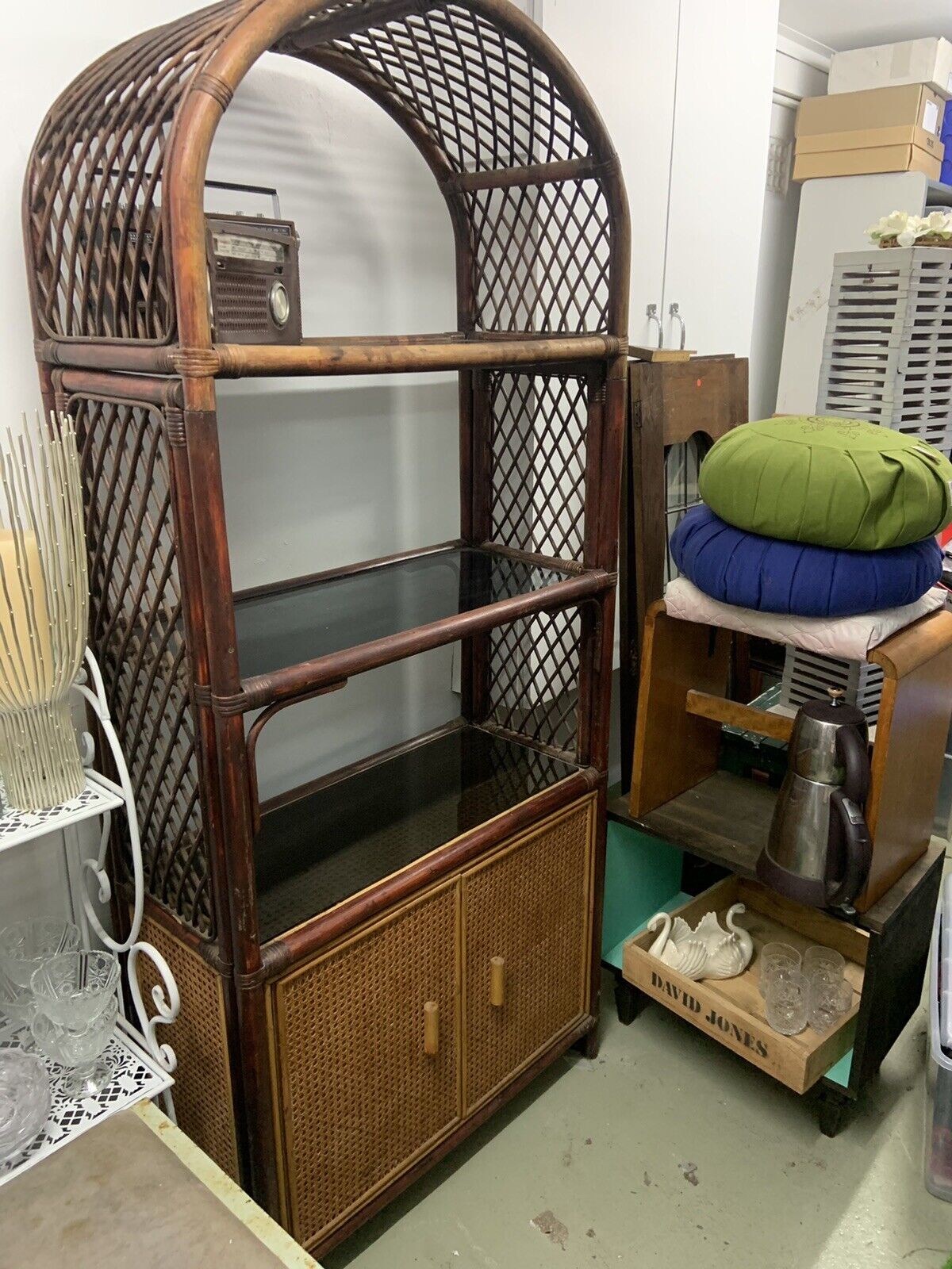 Vintage Cane HUTCH Glass Bookshelves Bamboo Rattan  Cupboards Arch Room Divider
