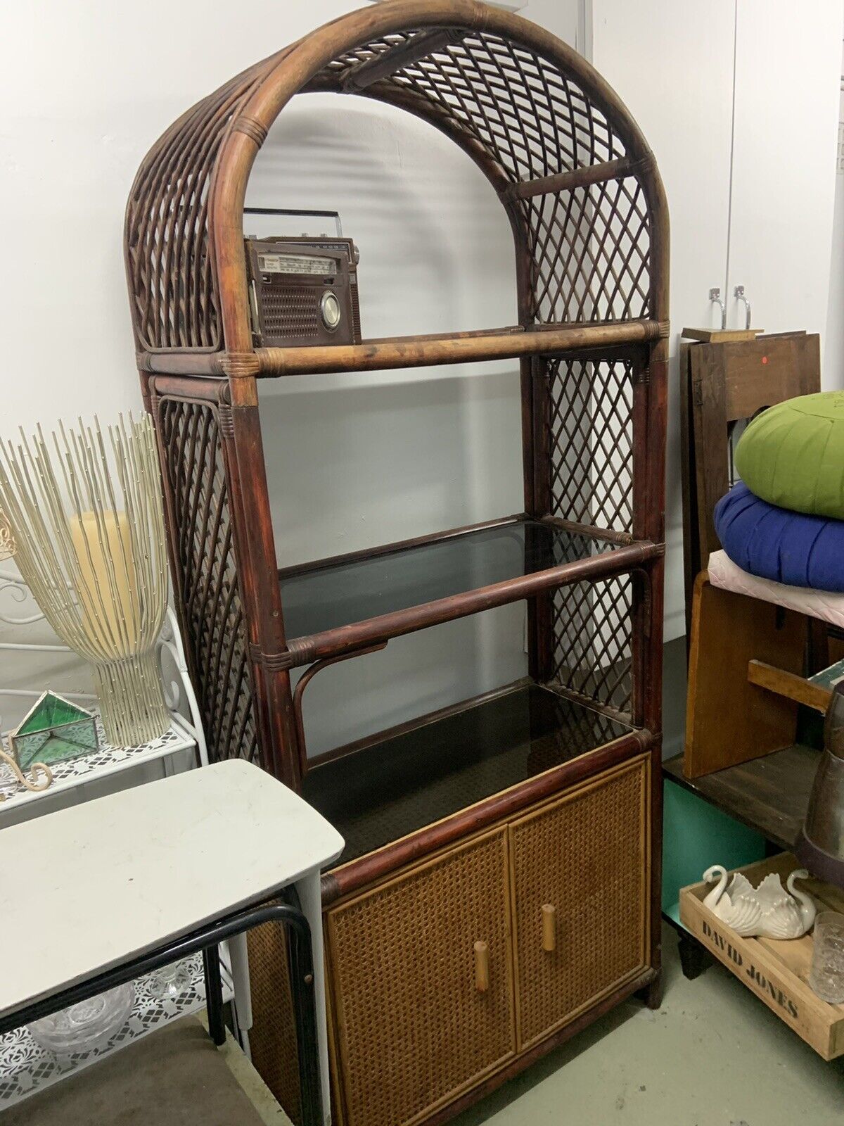 Vintage Cane HUTCH Glass Bookshelves Bamboo Rattan  Cupboards Arch Room Divider