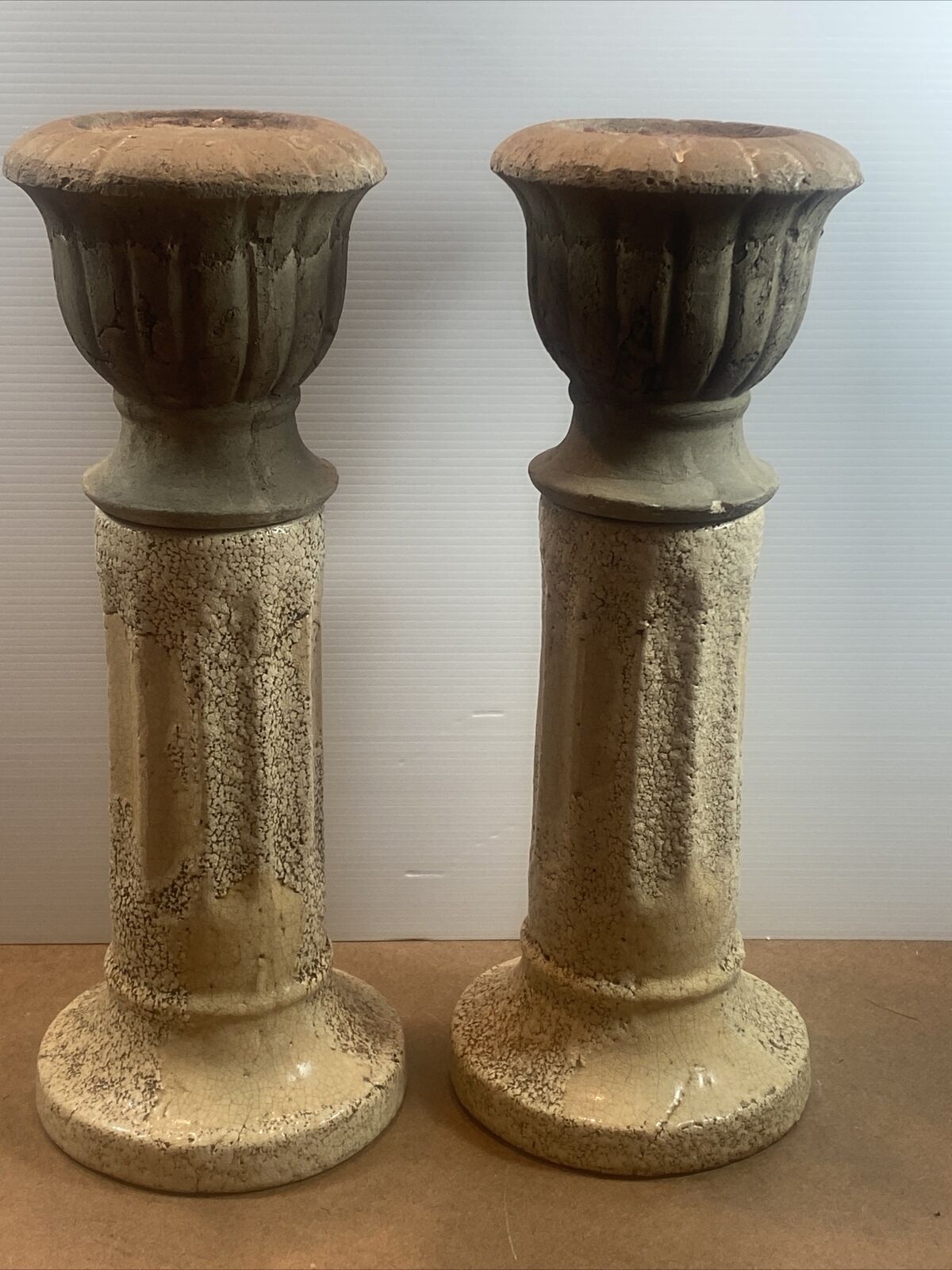 Pair  Pillar Candle Holder Rustic Retro Glazed Ceramic Ancient Look Pot Stand